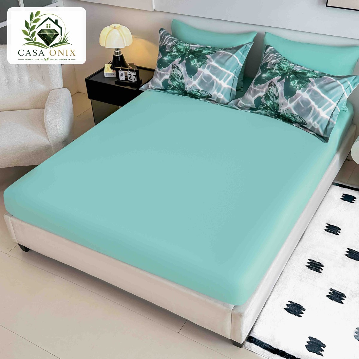 Lenjerie de pat o persoană cu elastic 140×200 cm, imprimeu 3D, fluture verde smarald Lenjerie de pat o persoană cu elastic 140×200 cm, imprimeu 3D, fluture verde smarald