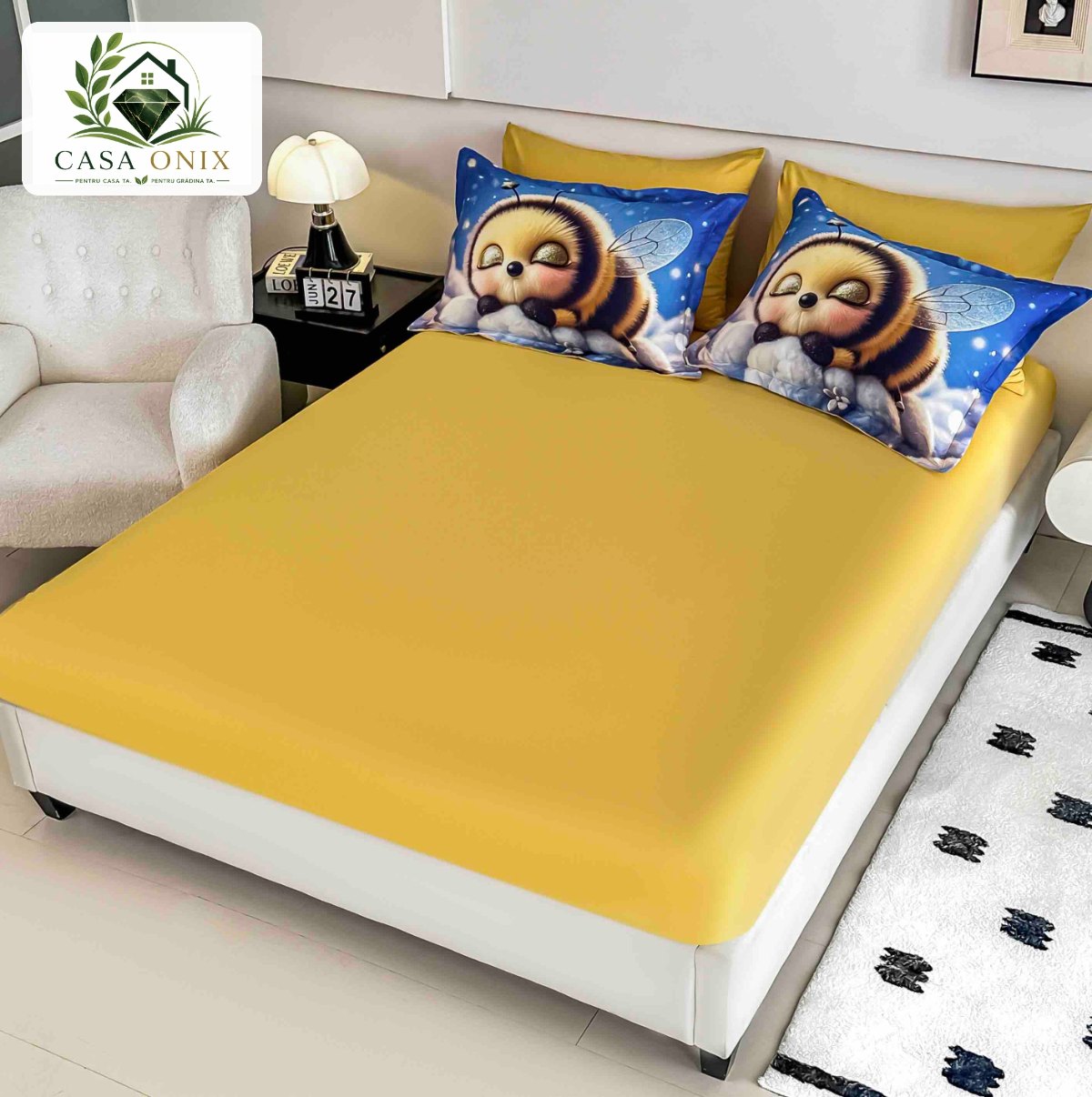 Lenjerie de pat o persoană cu elastic 140×200 cm, imprimeu 3D, albinuță Lenjerie de pat o persoană cu elastic 140×200 cm, imprimeu 3D, albinuță