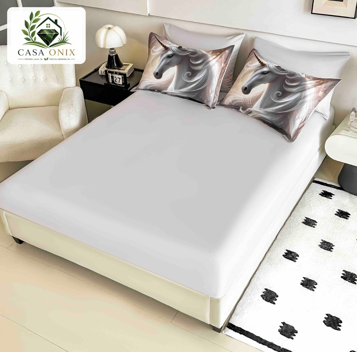Lenjerie de pat o persoană cu elastic 140×200 cm, imprimeu 3D, cal alb Lenjerie de pat o persoană cu elastic 140×200 cm, imprimeu 3D, cal alb
