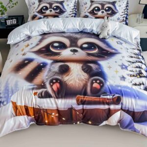 Lenjerie de pat o persoană cu elastic 140×200 cm, imprimeu 3D, raton