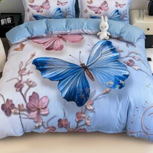 Lenjerie de pat o persoană cu elastic 140×200 cm, imprimeu 3D, fluture albastru