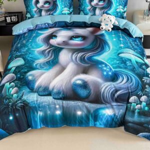 Lenjerie de pat o persoană cu elastic 140×200 cm, imprimeu 3D, ponei albastru