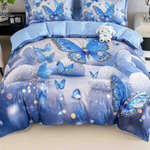Lenjerie de pat o persoană cu elastic 140×200 cm, imprimeu 3D, fluturi albaștri