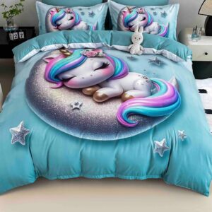 Lenjerie de pat o persoană cu elastic 140×200 cm, imprimeu 3D, unicorn pe lună