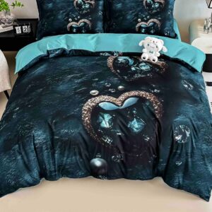 Lenjerie de pat o persoană cu elastic 140×200 cm, imprimeu 3D, inimă bijuterie pe negru