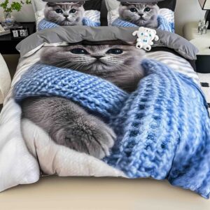 Lenjerie de pat o persoană cu elastic 140×200 cm, imprimeu 3D, pisicuță în pled tricotat
