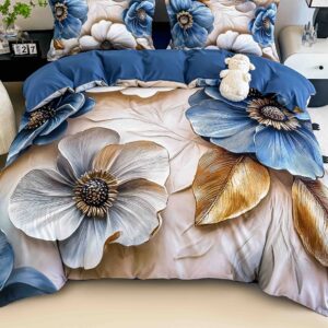 Lenjerie de pat o persoană cu elastic 140×200 cm, imprimeu 3D, flori albe și albastre 3D