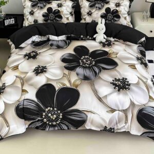 Lenjerie de pat o persoană cu elastic 140×200 cm, imprimeu 3D, flori negre și albe