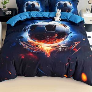 Lenjerie de pat o persoană cu elastic 140×200 cm, imprimeu 3D, minge de fotbal în flăcări