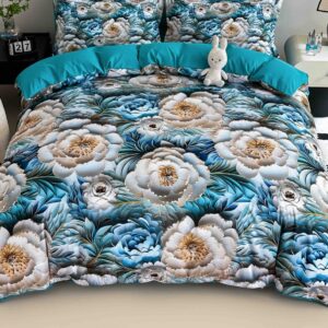 Lenjerie de pat o persoană cu elastic 140×200 cm, imprimeu 3D, trandafiri turcoaz