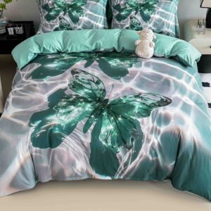 Lenjerie de pat o persoană cu elastic 140×200 cm, imprimeu 3D, fluture verde smarald
