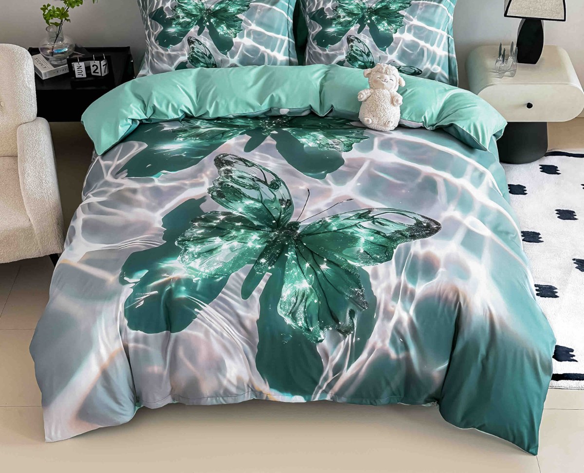 Lenjerie de pat o persoană cu elastic 140×200 cm, imprimeu 3D, fluture verde smarald Lenjerie de pat o persoană cu elastic 140×200 cm, imprimeu 3D, fluture verde smarald