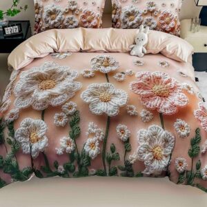 Lenjerie de pat o persoană cu elastic 140×200 cm, imprimeu 3D, flori 3D, crem