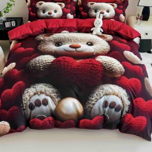 Lenjerie de pat o persoană cu elastic 140×200 cm, imprimeu 3D, ursuleț cu inimioare, roșu