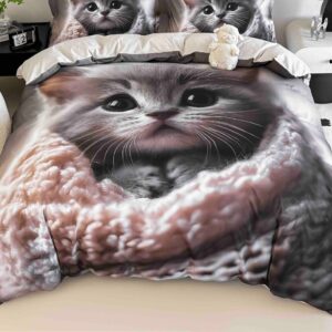 Lenjerie de pat o persoană cu elastic 140×200 cm, imprimeu 3D, pisică gri în pled