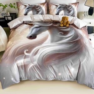 Lenjerie de pat o persoană cu elastic 140×200 cm, imprimeu 3D, cal alb