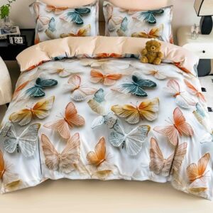 Lenjerie de pat o persoană cu elastic 140×200 cm, imprimeu 3D, flori pastel pe alb