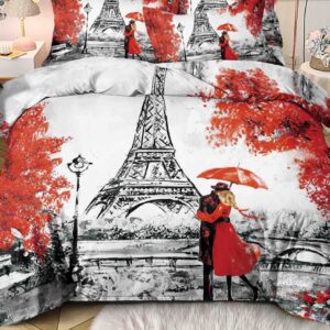 Lenjerie de pat o persoană cu elastic 140×200 cm, imprimeu 3D, Turnul Eiffel și umbrelă roșie