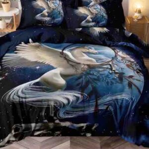 Lenjerie de pat o persoană cu elastic 140×200 cm, imprimeu 3D, lup pe bleumarin