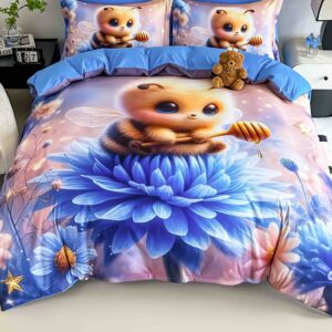 Lenjerie de pat o persoană cu elastic 140×200 cm, imprimeu 3D, pisicuță cu floare albastră
