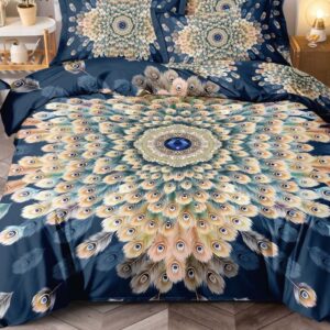 Lenjerie de pat o persoană cu elastic 140×200 cm, imprimeu 3D, mandala bleumarin cu auriu
