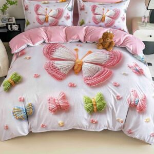 Lenjerie de pat o persoană cu elastic 140×200 cm, imprimeu 3D, fluturi roz