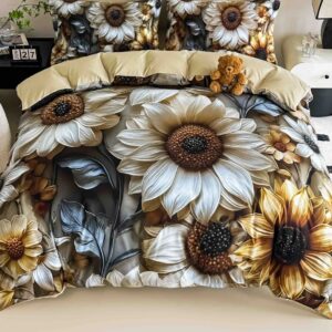 Lenjerie de pat o persoană cu elastic 140×200 cm, imprimeu 3D, floarea-soarelui
