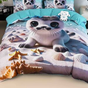 Lenjerie de pat o persoană cu elastic 140×200 cm, imprimeu 3D, pisicuță pe plajă, turcoaz
