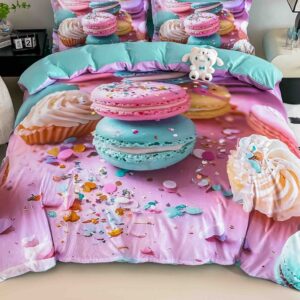 Lenjerie de pat o persoană cu elastic 140×200 cm, imprimeu 3D, dulciuri și macarons, roz