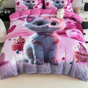 Lenjerie de pat o persoană cu elastic 140×200 cm, imprimeu 3D, pisicuță roz