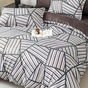Lenjerie de pat finet 6 piese cu elastic, model geometric alb-negru