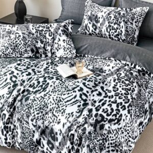 Lenjerie de pat finet 6 piese cu elastic, imprimeu leopard alb-negru