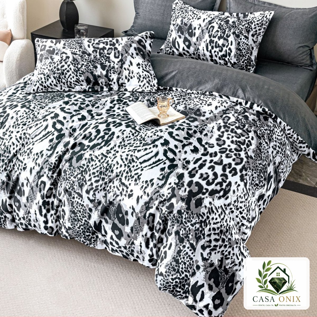 lenjerie de pat animal print leopard alb negru Casa Onix