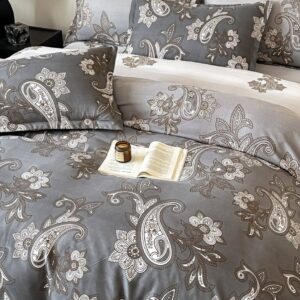 Lenjerie de pat finet 6 piese cu elastic, model paisley gri