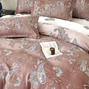 Lenjerie de pat finet 6 piese cu elastic, model paisley roz pudră