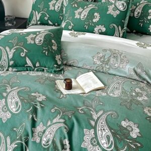 Lenjerie de pat finet 6 piese cu elastic, model paisley verde