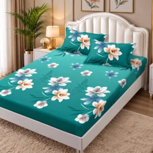 Husă de saltea cu elastic 160x200 cm din finet, turcoaz cu flori albe și piersică, cu 2 fețe de pernă