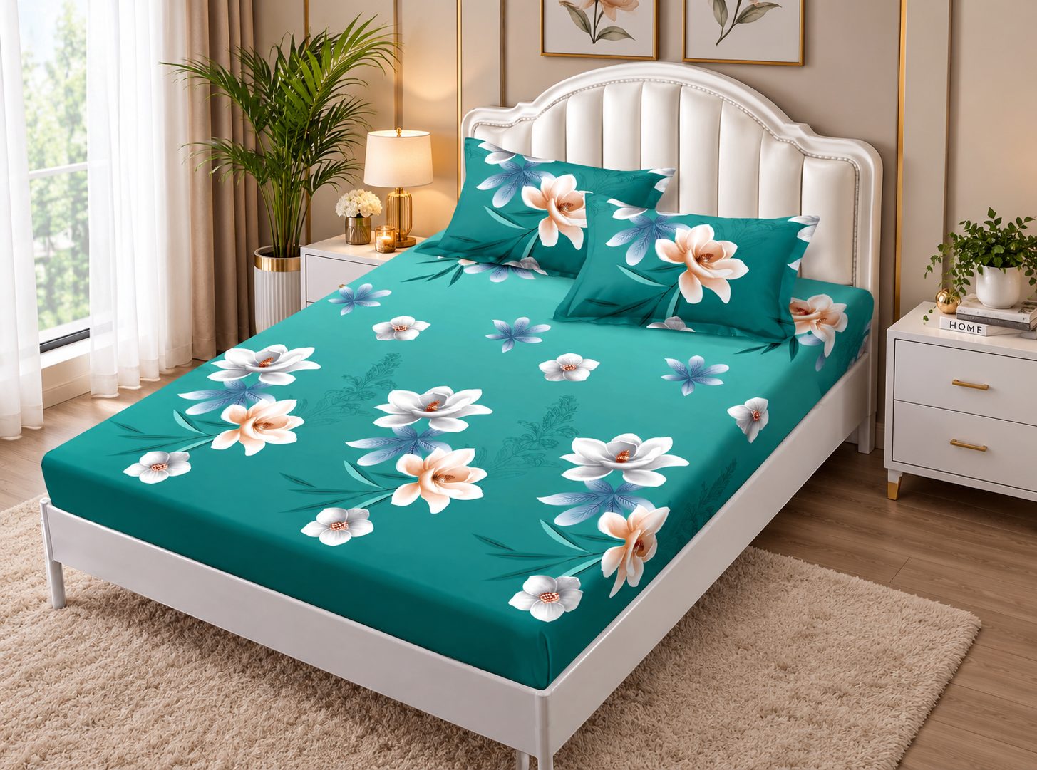 Husă de saltea cu elastic 160x200 finet turcoaz cu flori Husă de saltea cu elastic 160x200 cm din finet, turcoaz cu flori albe și piersică, cu 2 fețe de pernă