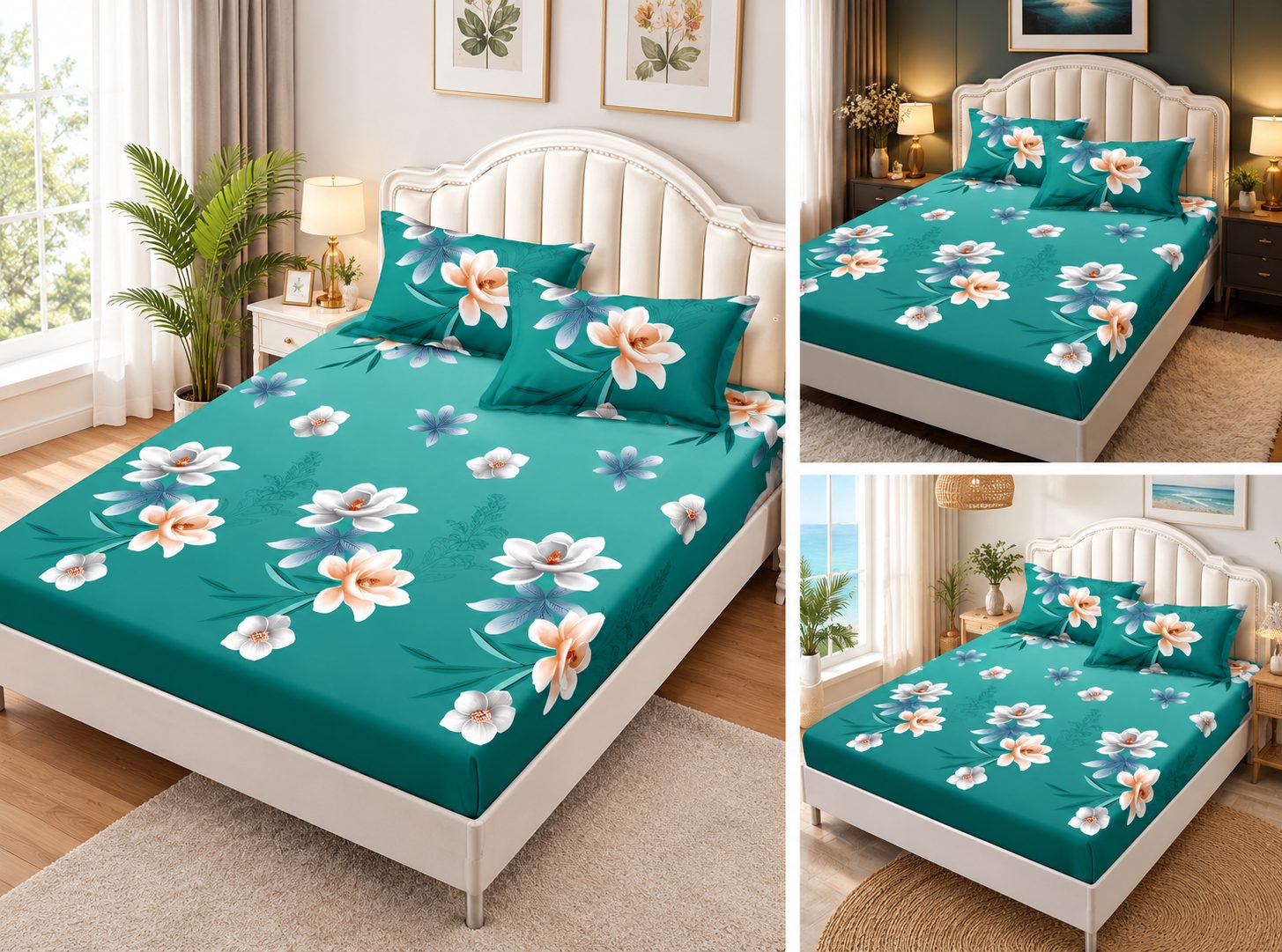 Husă de saltea cu elastic turcoaz cu flori - colaj Husă de saltea cu elastic turcoaz cu model floral, prezentată în trei dormitoare