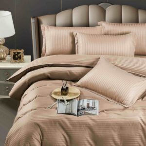 Lenjerie de pat damasc deluxe 6 piese cu elastic, bej cappuccino