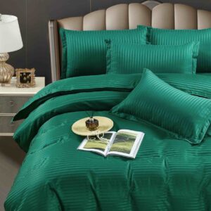 Lenjerie de pat damasc deluxe 6 piese cu elastic, verde smarald