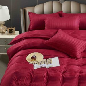 Lenjerie de pat damasc deluxe 6 piese cu elastic, bordo